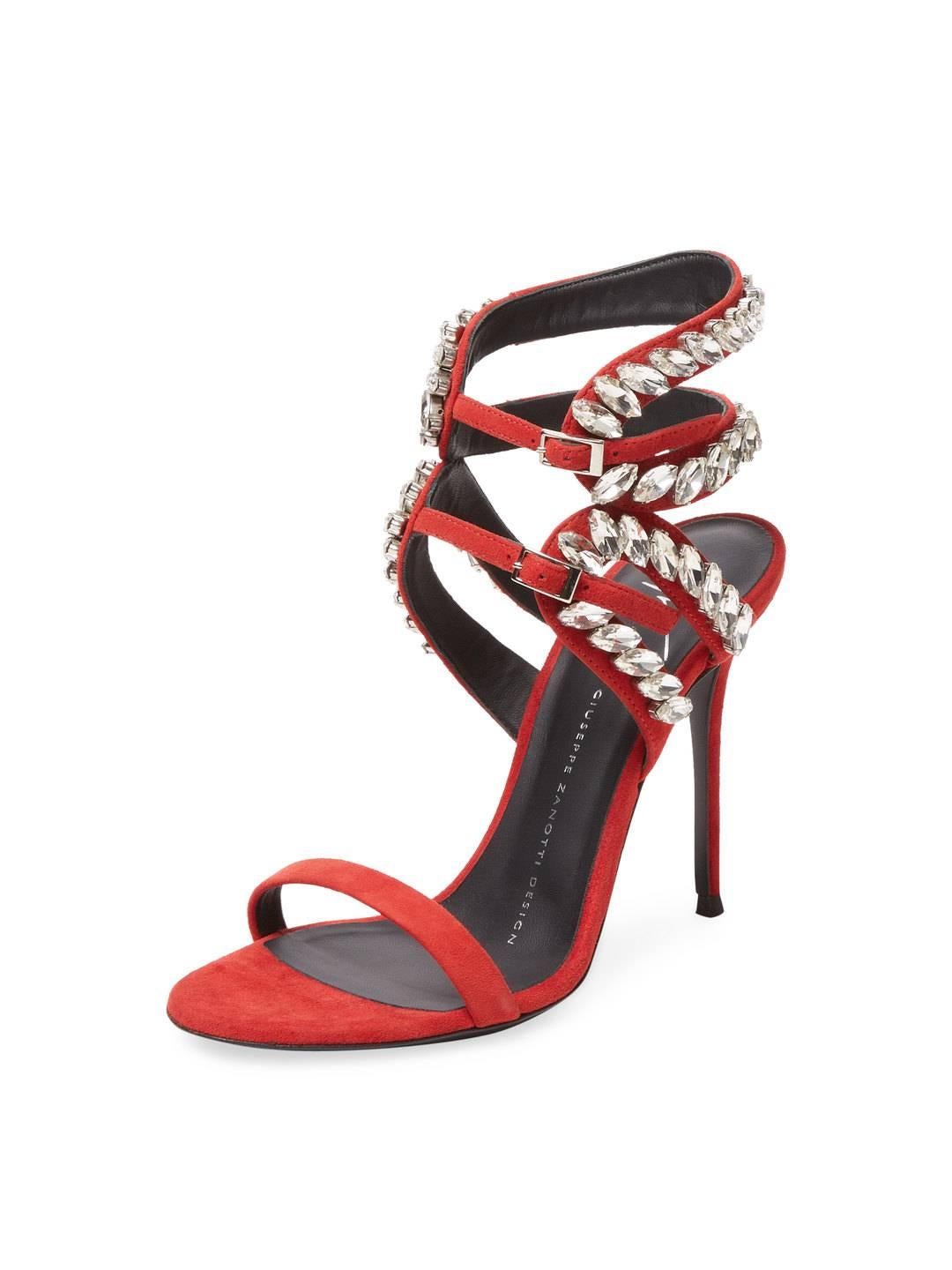 LAST PAIR!  Giuseppe Zanotti New Sold Out Red Suede Crystal Evening Sandals Heels in Box 

Size IT 36 - Not your size?  Contact us to help you find yours.
Suede
Crystal
Ankle buckle closure
Made in Italy
Heel height 4.5