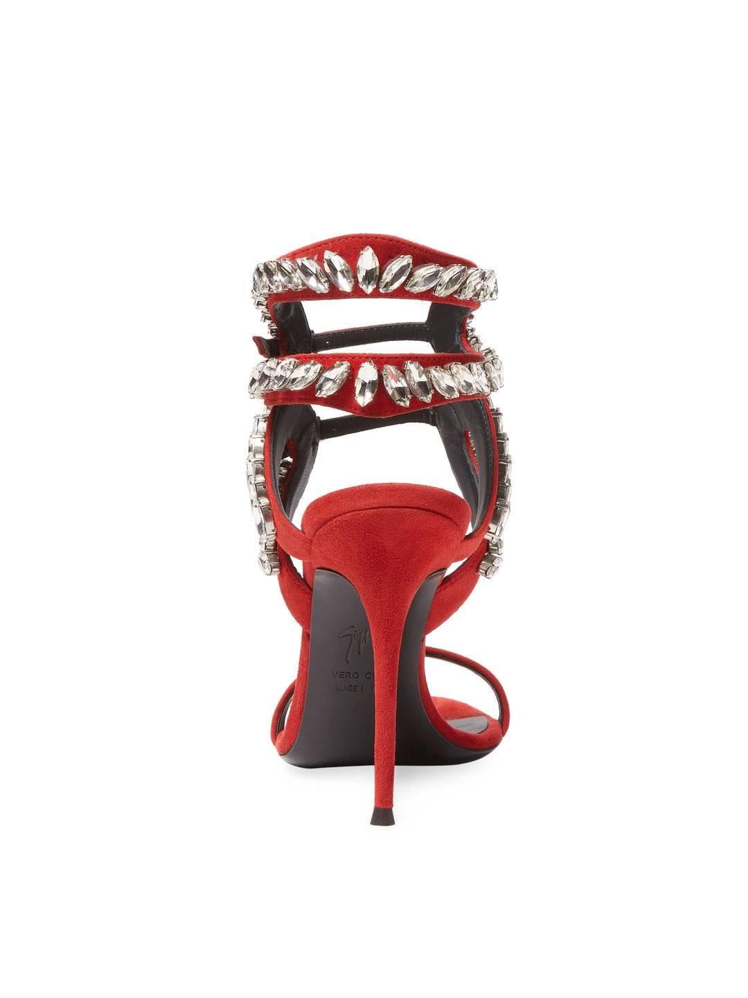 Women's Giuseppe Zanotti New Sold Out Red Suede Crystal Evening Sandals Heels in Box