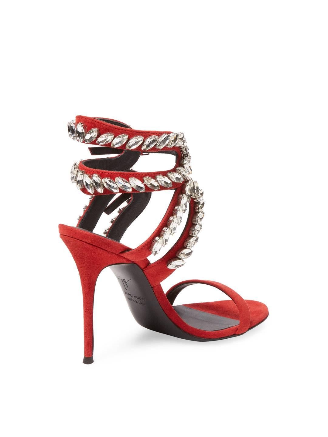 Giuseppe Zanotti New Sold Out Red Suede Crystal Evening Sandals Heels in Box In New Condition In Chicago, IL