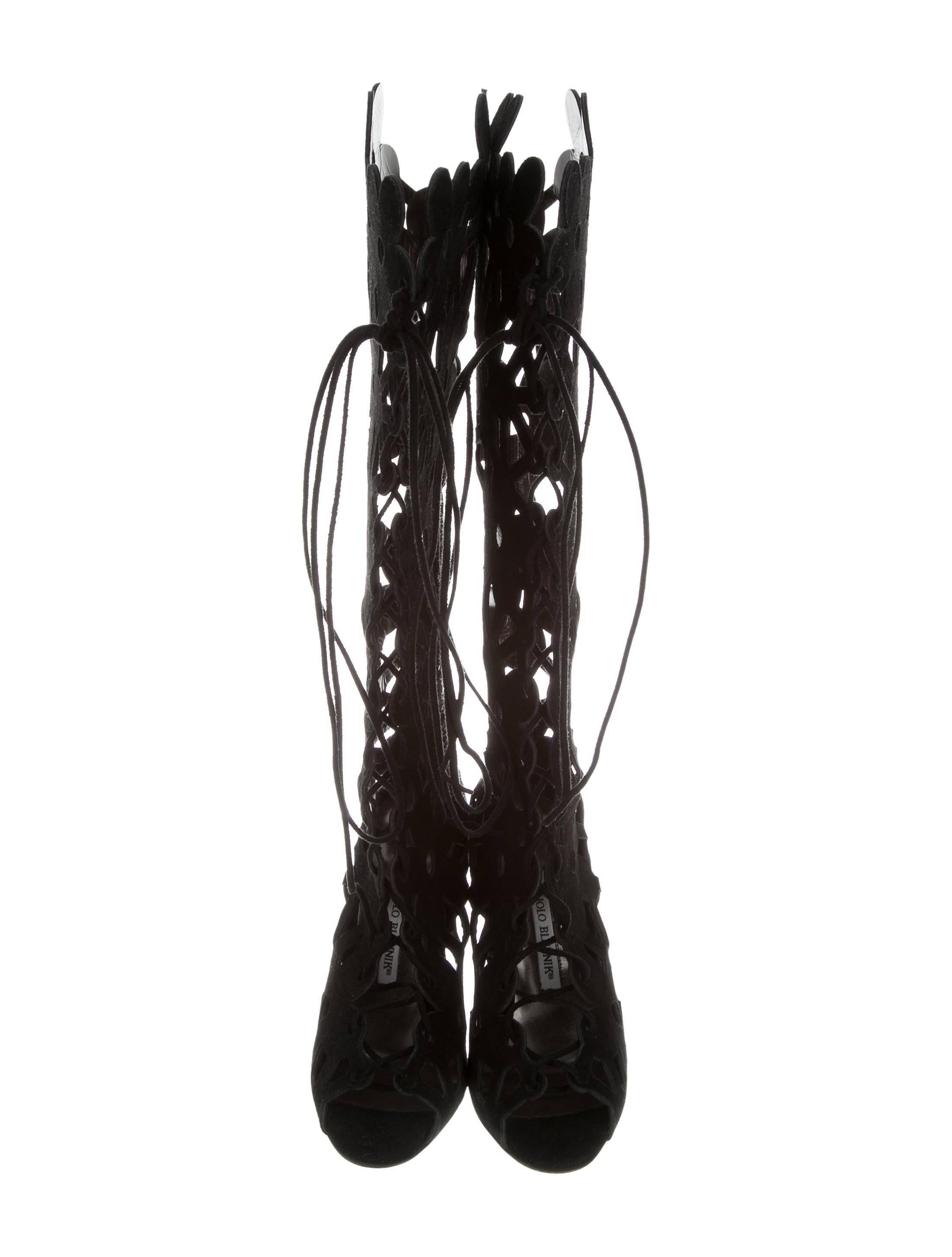 Manolo Blahnik New Sold Out Black Suede Cut Out Knee High Boots in Box In New Condition In Chicago, IL