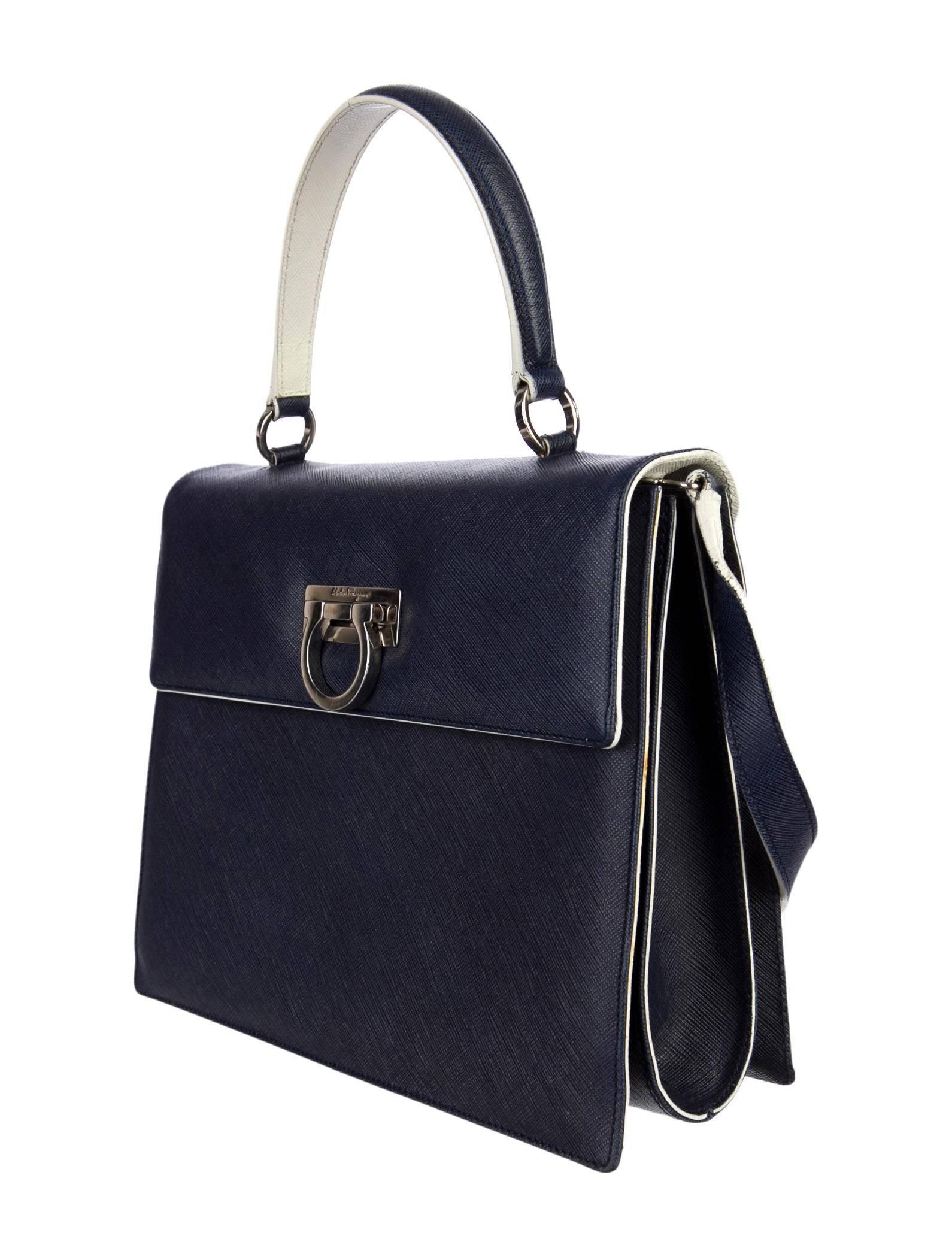 Black Salvatore Ferragamo Blue Leather Top Handle Shoulder Bag