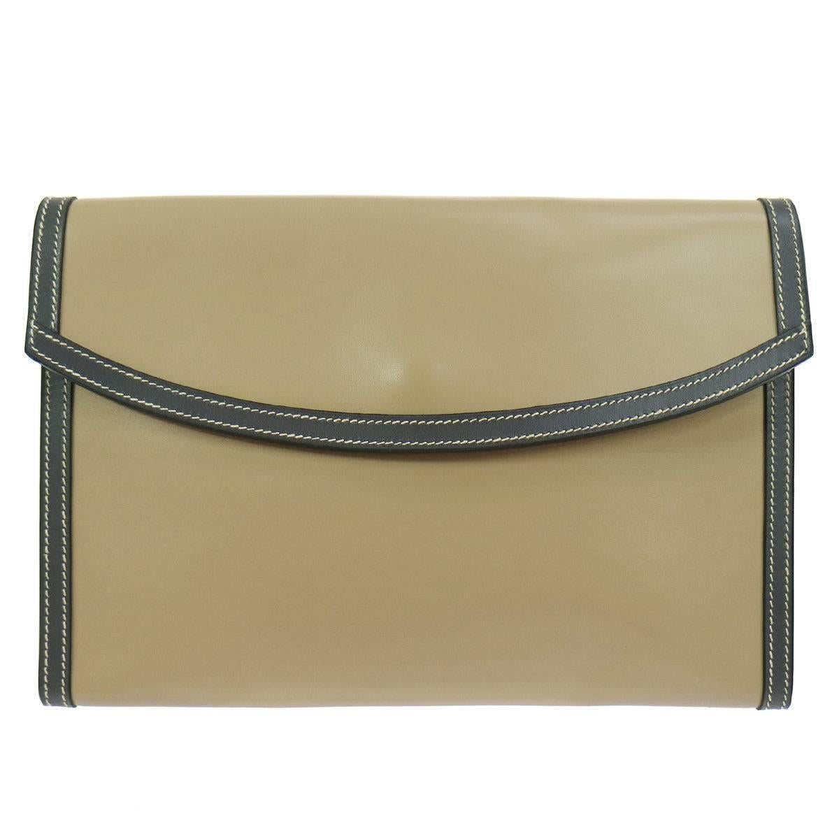 Hermes Rare Taupe Leather Envelope Evening Flap Clutch Bag in Dust Bag