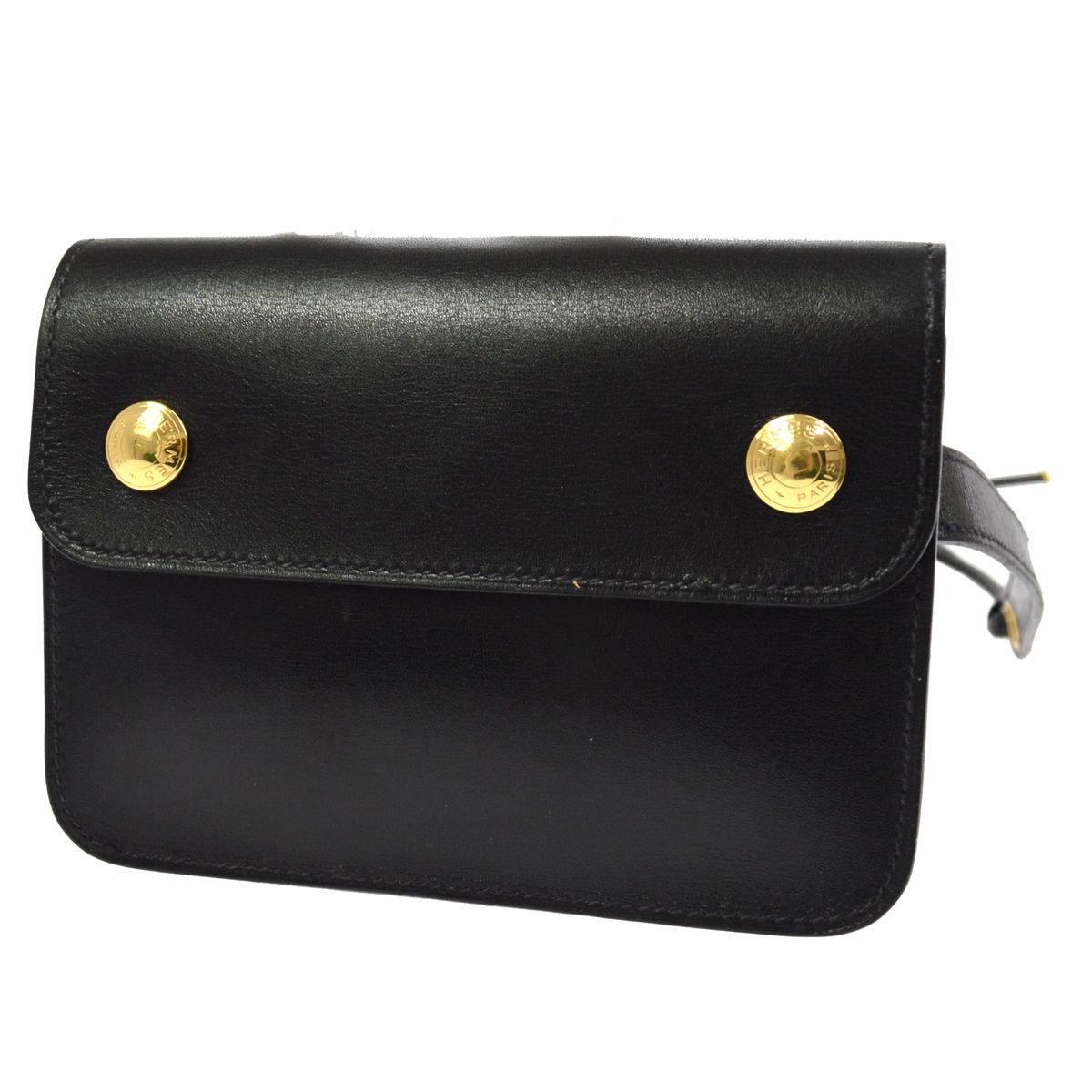 Hermes Black Leather Gold Sellier Fanny Pack Waist Belt Bag