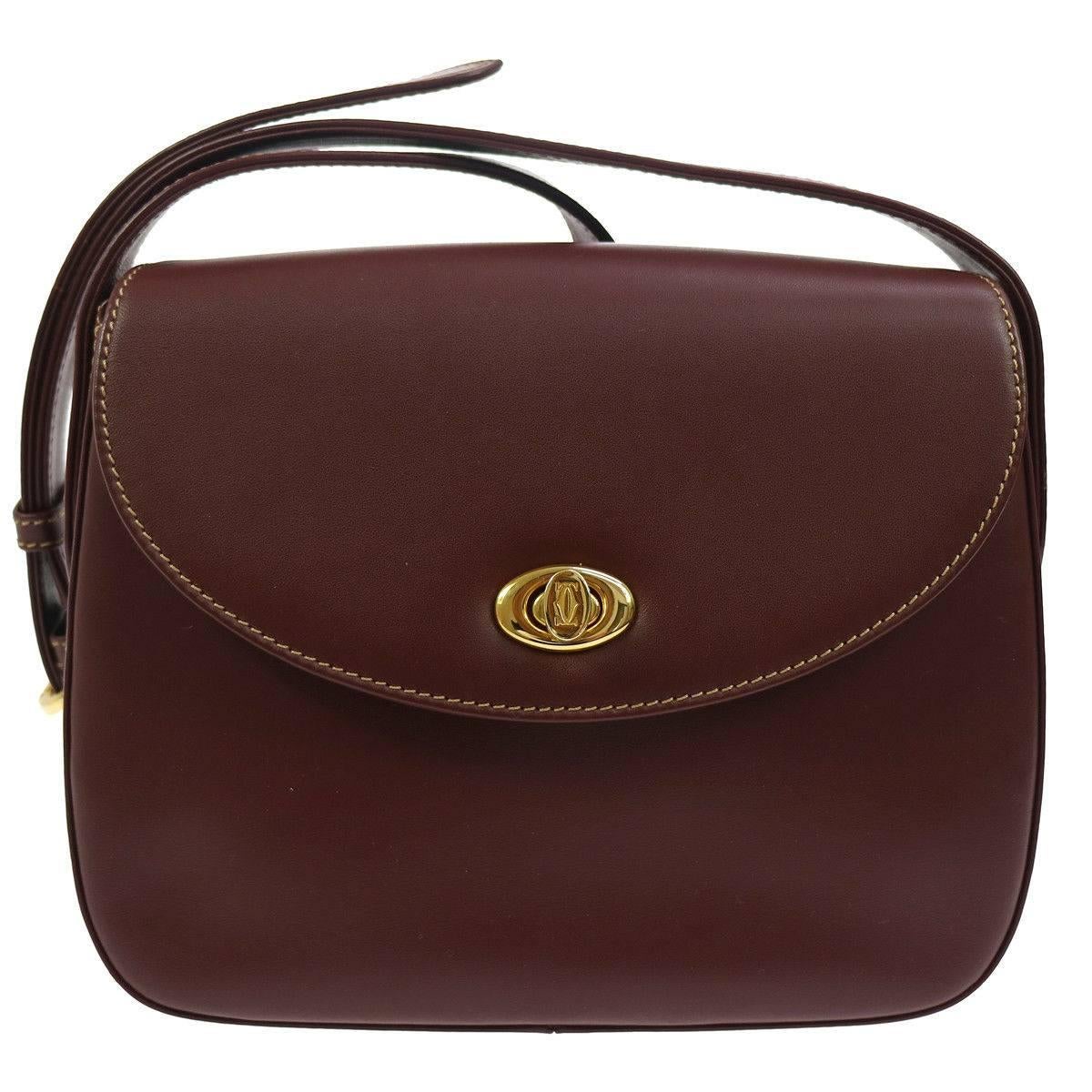 Cartier Bordeaux Leather Gold Saddle Flap Shoulder Crossbody Bag