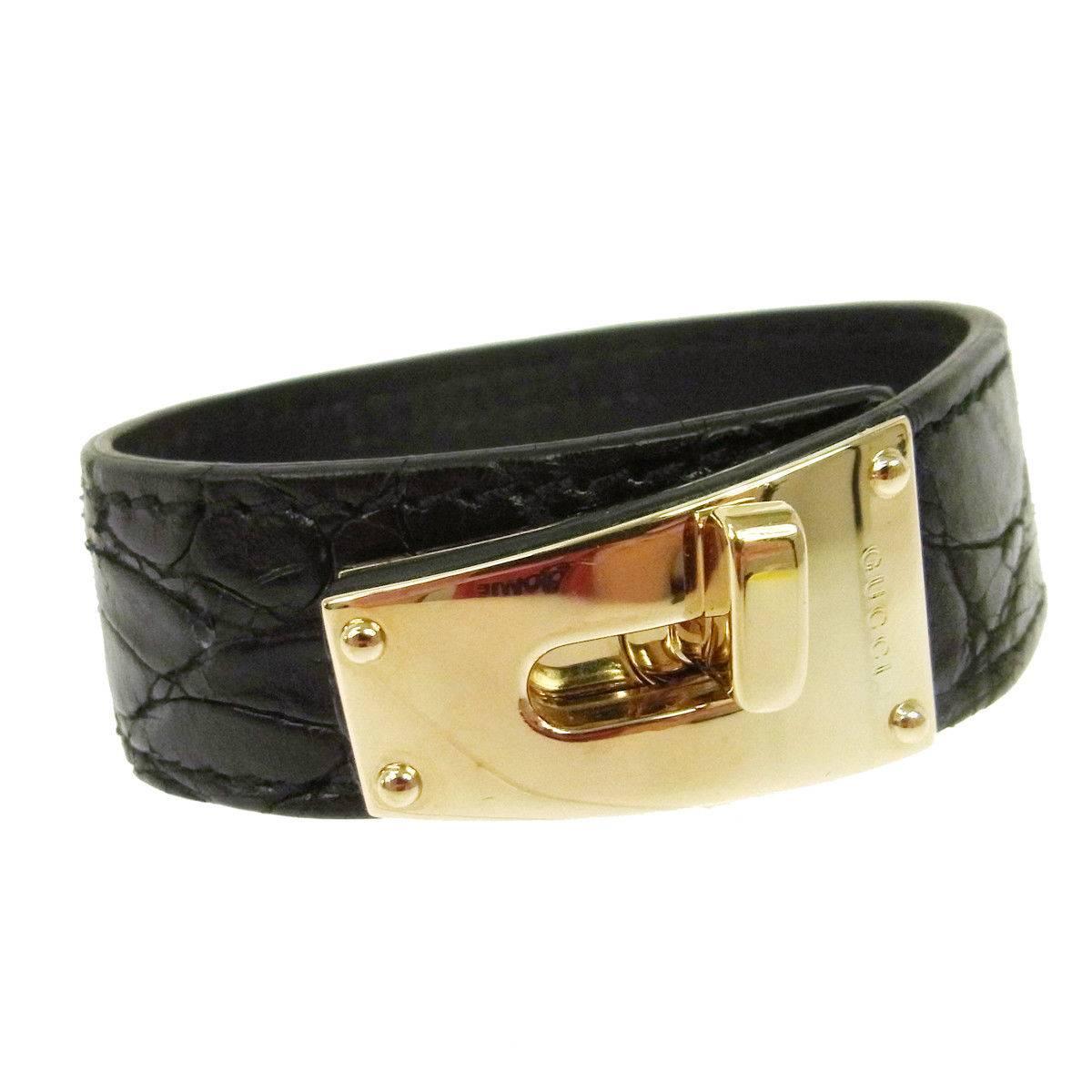 Gucci Black Crocodile Exotic Gold Buckle Men's Women's Cuff Bracelet in Box