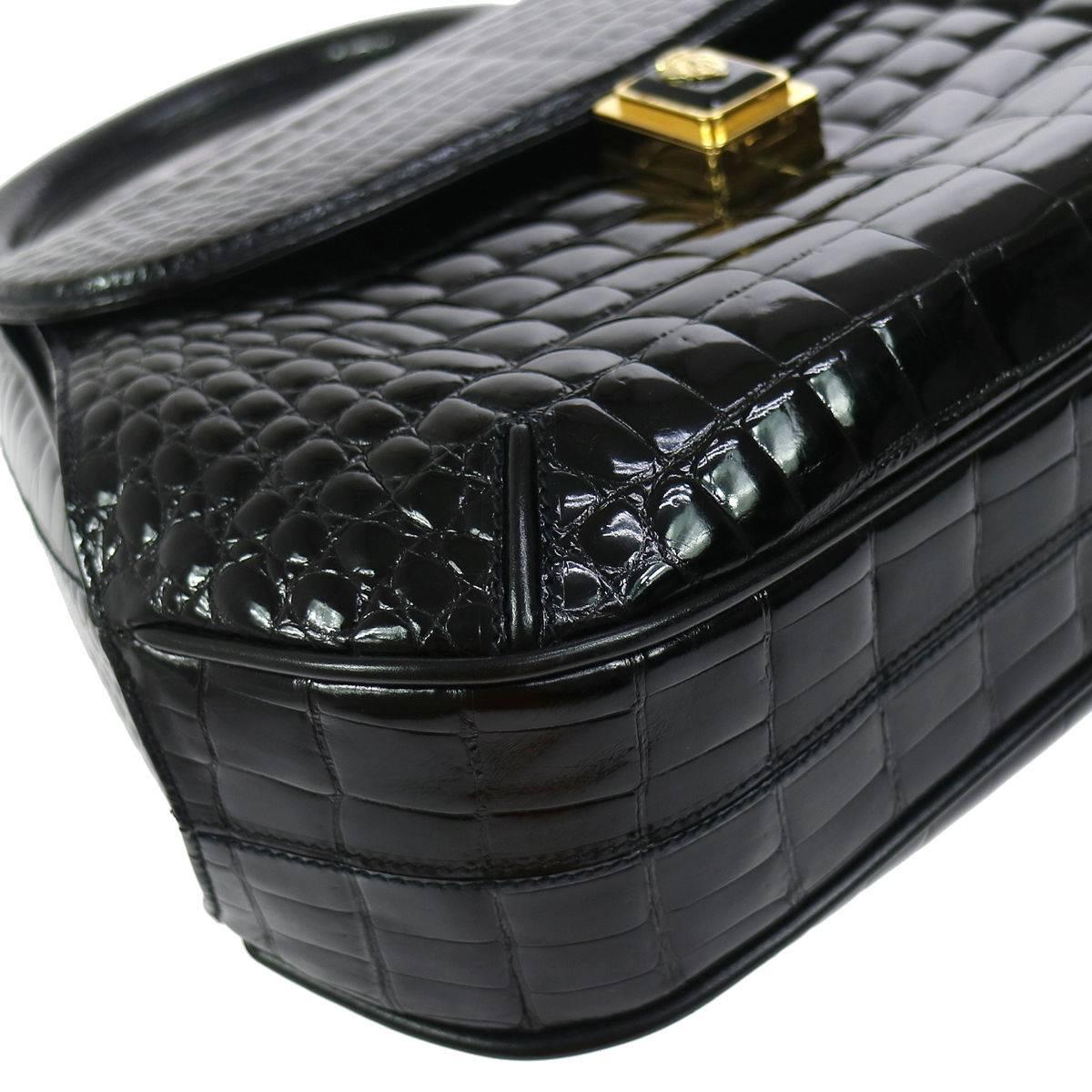 Gucci Black Crocodile Kelly Top Handle Satchel Flap Bag W/Box In Excellent Condition In Chicago, IL