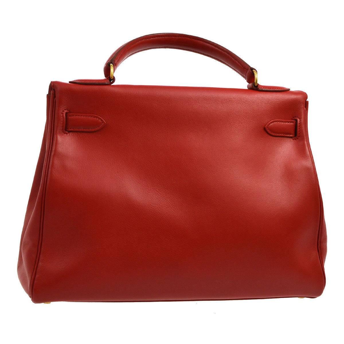 Hermes Kelly 32 Rouge Red Leather Evening Top Handle Satchel Flap Bag in Box In Excellent Condition In Chicago, IL