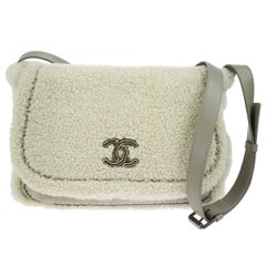 Chanel Winter White Gray Shearling Shoulder Flap Bag W/Box