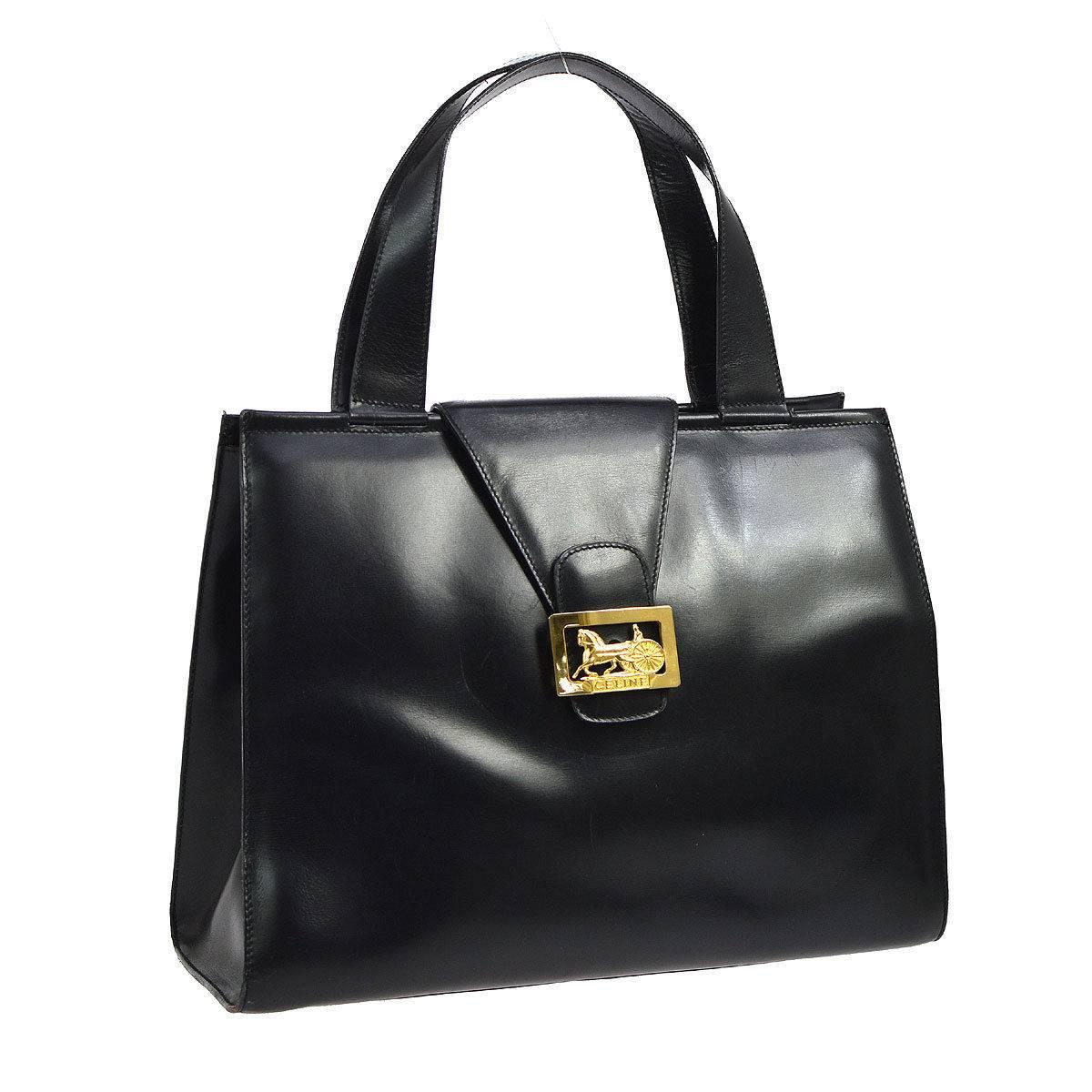 Celine Black Leather Gold Emblem Evening Kelly Style Top Handle Satchel Tote Bag
