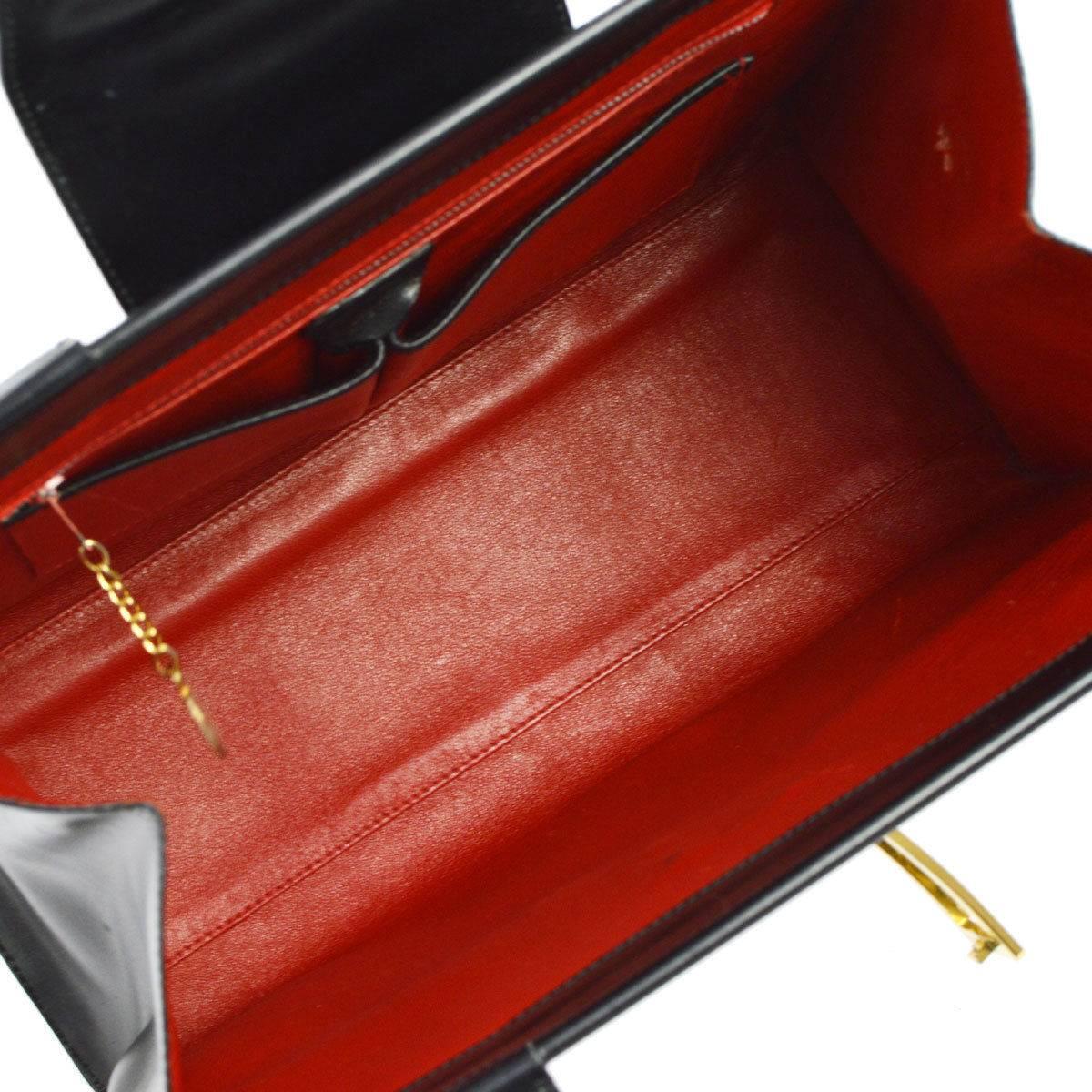 Women's Celine Black Leather Gold Emblem Evening Kelly Style Top Handle Satchel Tote Bag