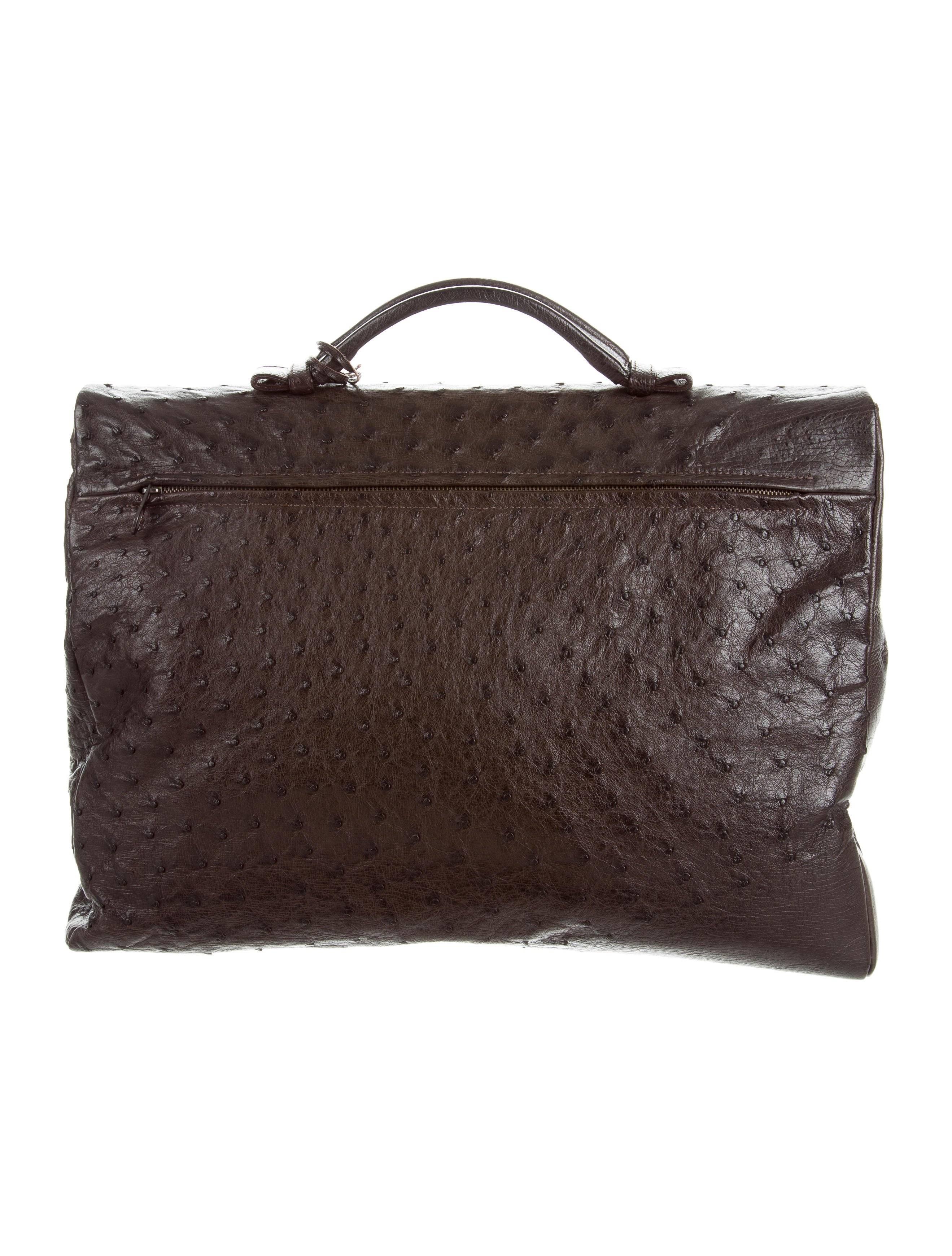 Black Bottega Veneta Brown Intrecciato Ostrich Top Handle Satchel Carryall Travel Bag