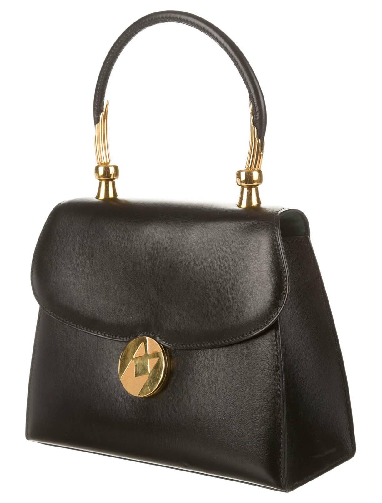 Hermes Black Leather Gold Emblem Kelly Top Handle Satchel Bag In Good Condition In Chicago, IL