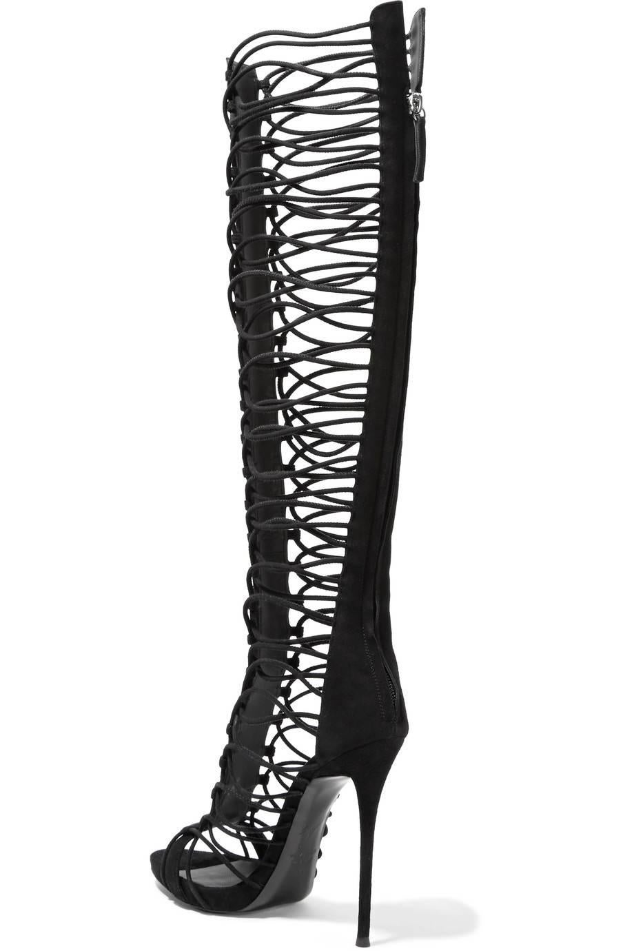 Women's Giuseppe Zanotti New Black Suede Cut Out Knee High Boots W/Box