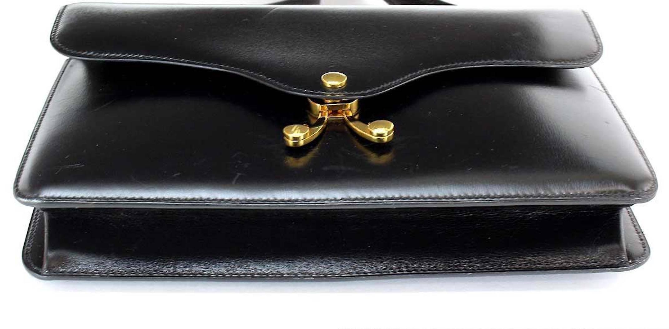 Hermes Black Leather Gold Emblem Envelope Shoulder Flap Bag In Excellent Condition In Chicago, IL