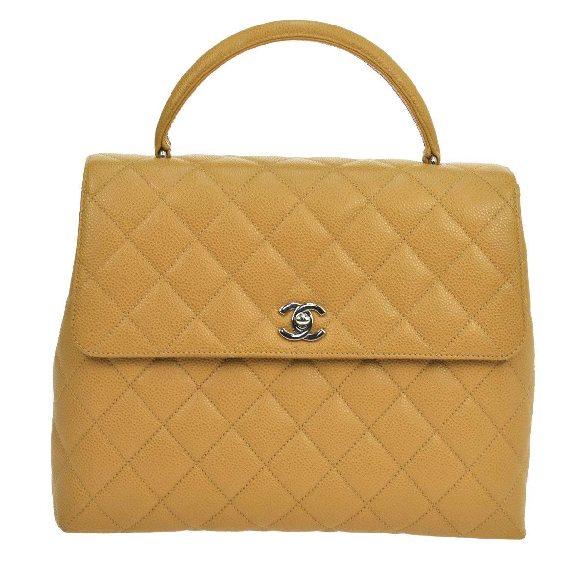 Chanel Nude Caviar Silver Kelly Style Satchel Flap Bag W/Box