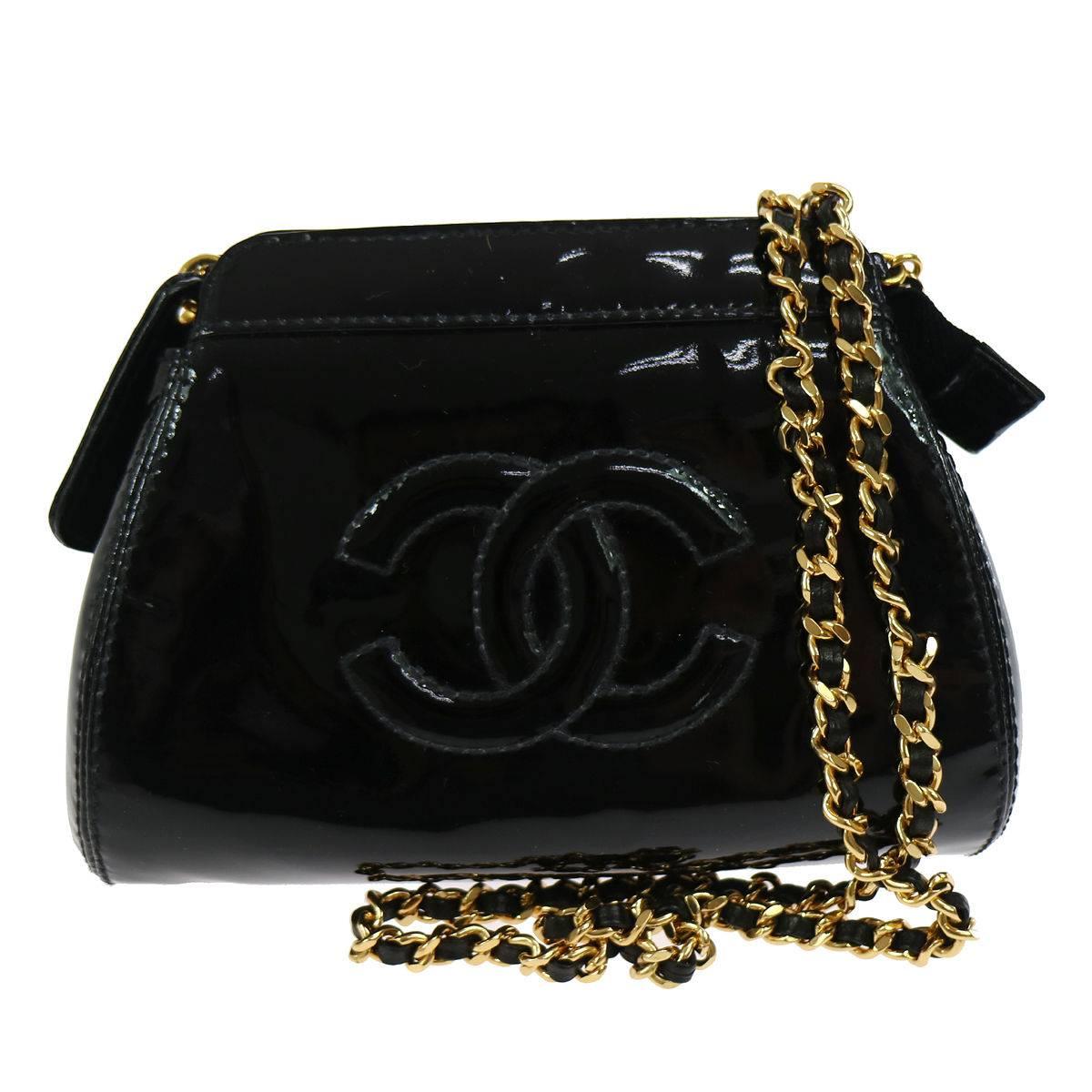 Chanel Black Patent Leather Party Crossbody Shoulder Bag W/Box