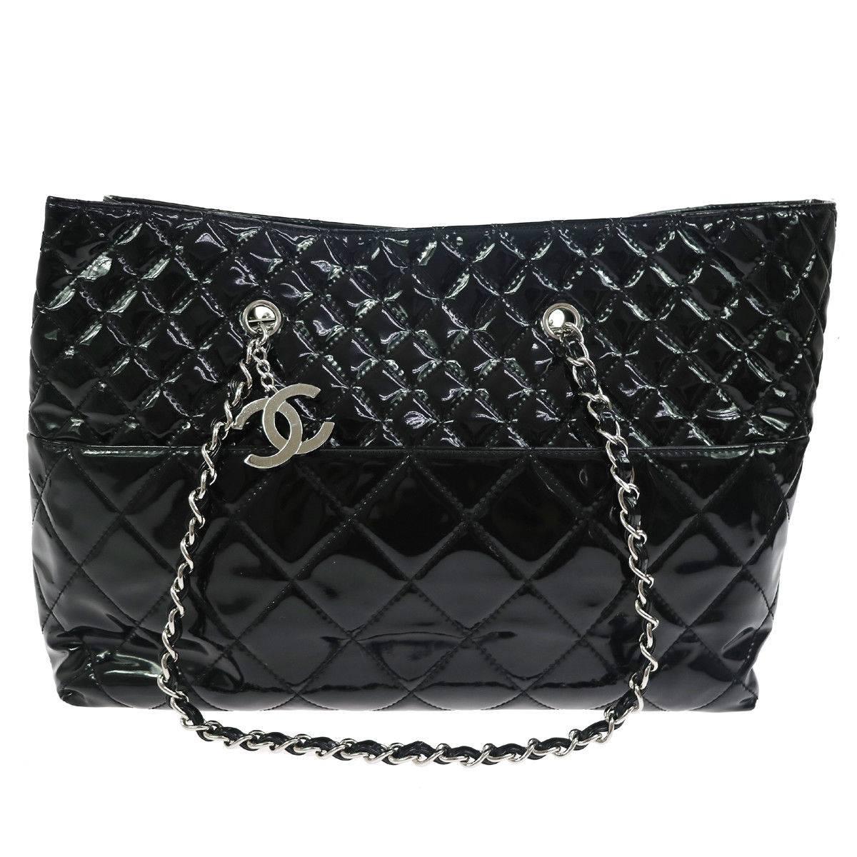 Chanel Black Patent Silver Large Carryall Travel Shopper Bag