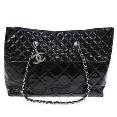 Retro Chanel Black Patent Silver Large Carryall Travel Shopper Bag