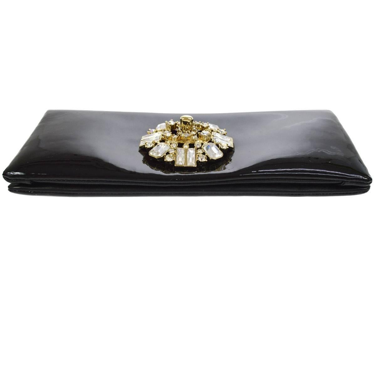 Women's Chanel Black Patent Crystal Stone Evening Flap Clutch Bag W/Box