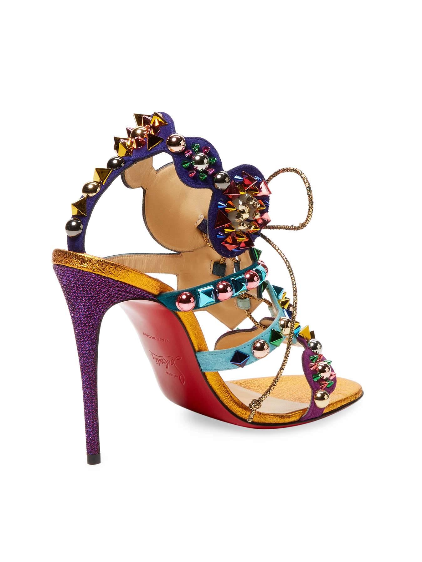 Christian Louboutin New Multi Color Gold Tribal High Heels Sandals in Box In New Condition In Chicago, IL