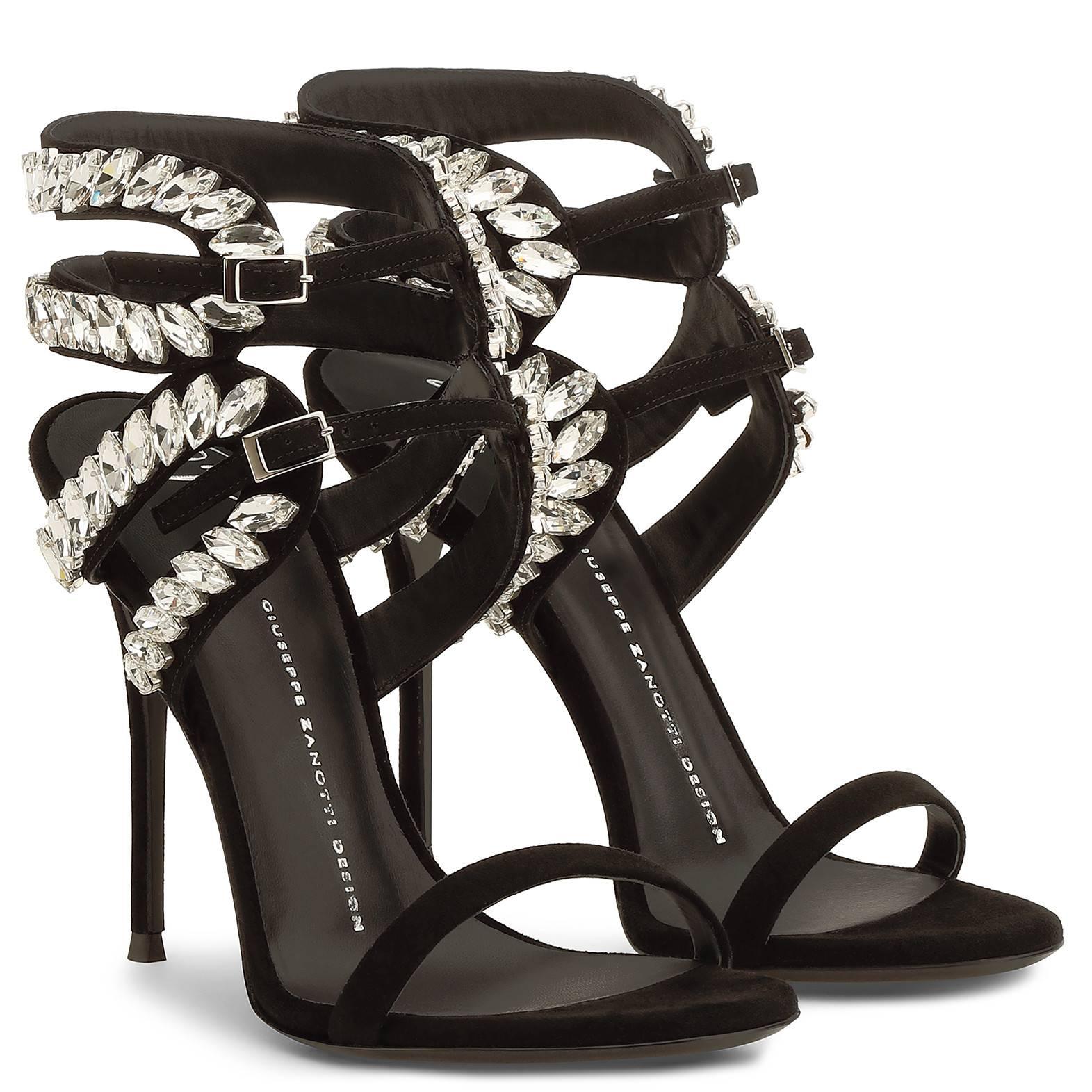 Giuseppe Zanotti New Black Suede Crystal Sandals Heels in Box  In New Condition In Chicago, IL