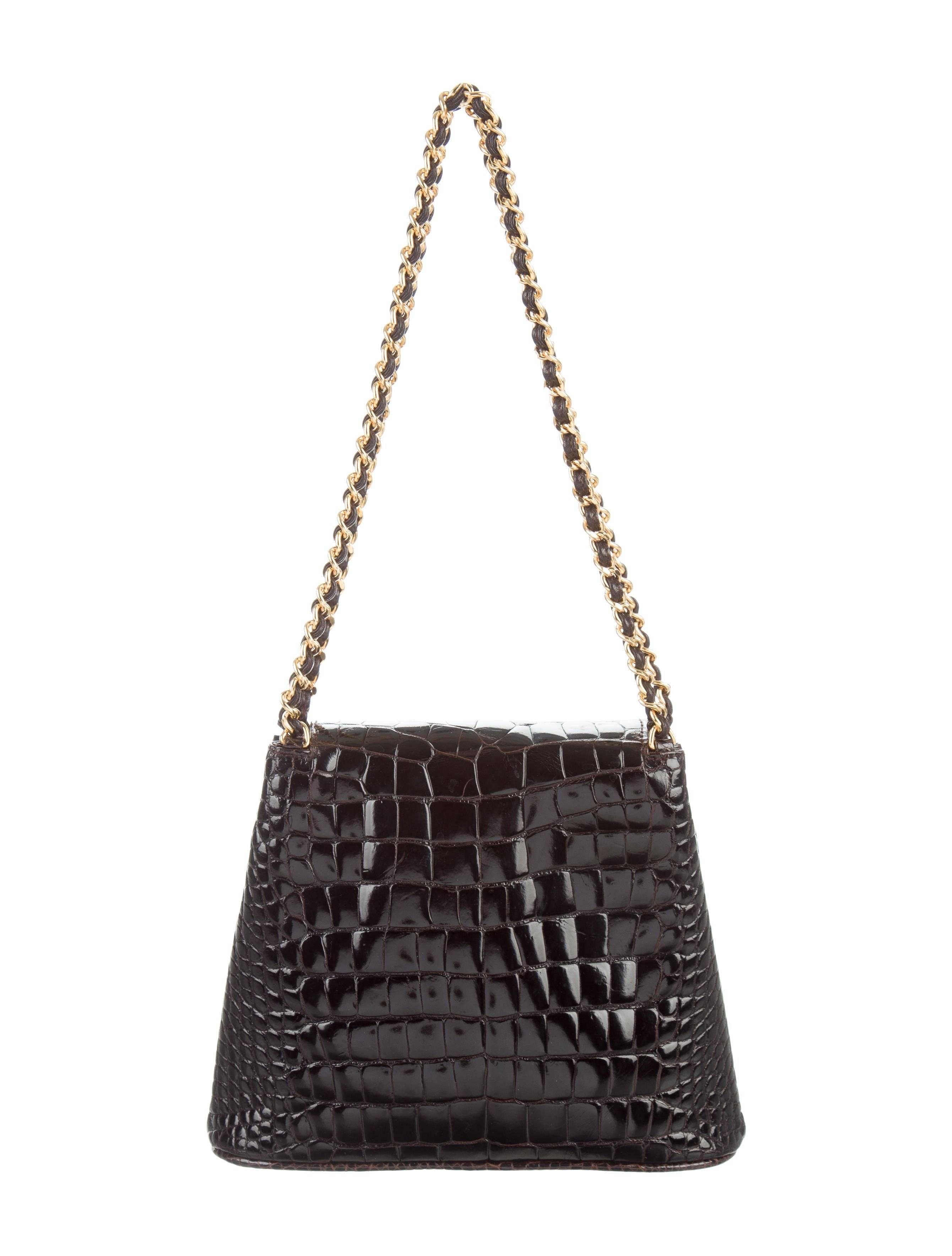 Black Chanel Dark Chocolate Crocodile CC Clutch Evening Satchel Flap Bag W/Accessories