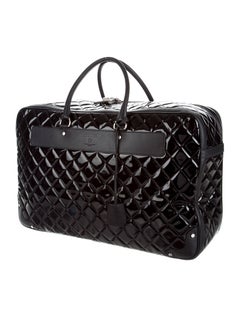 Chanel New Black Quilted Patent Leather Travel Carryall Weekender Tote Bag