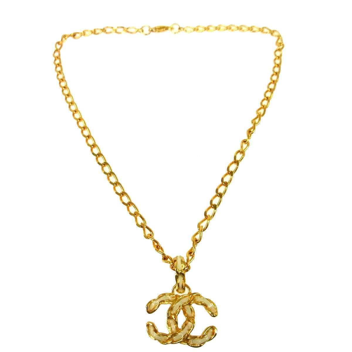 Chanel Textured Gold Chain Link White Enamel Charm Evening Necklace in Box