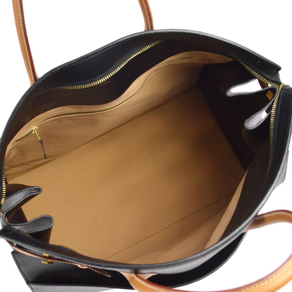 Hermes Black Cognac Leather Gold Men's Large Carryall Weekender Travel Tote Bag 2