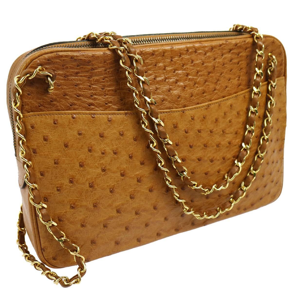 Chanel Cognac Ostrich Evening Charm Camera Shoulder Bag In Excellent Condition In Chicago, IL