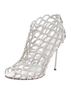 Sergio Rossi New Silver Metallic Crystal Cage Evening Ankle Booties in Box