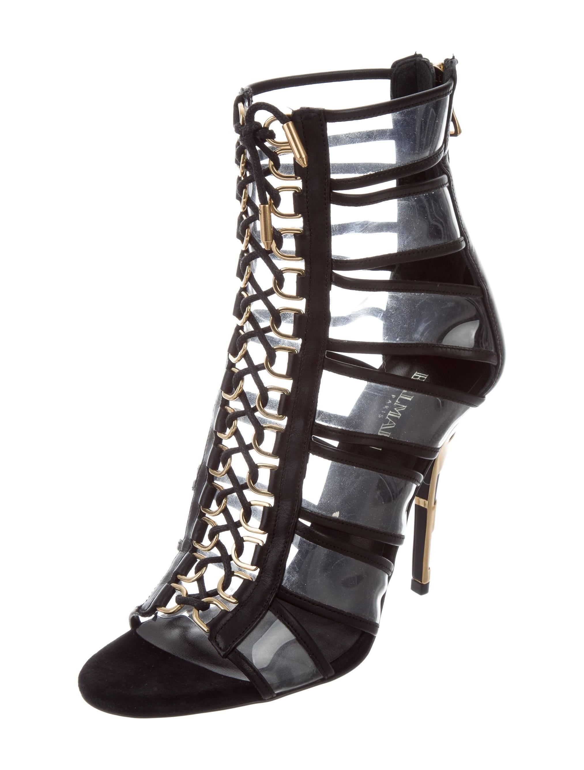 Balmain New Black Leather Clear Gold Lace Up Evening Ankle Boots Booties in Box 

Original purchase price $2,295
Size IT 36
Leather
PVC 
Gold tone hardware
Lace up closure
Heel height 4