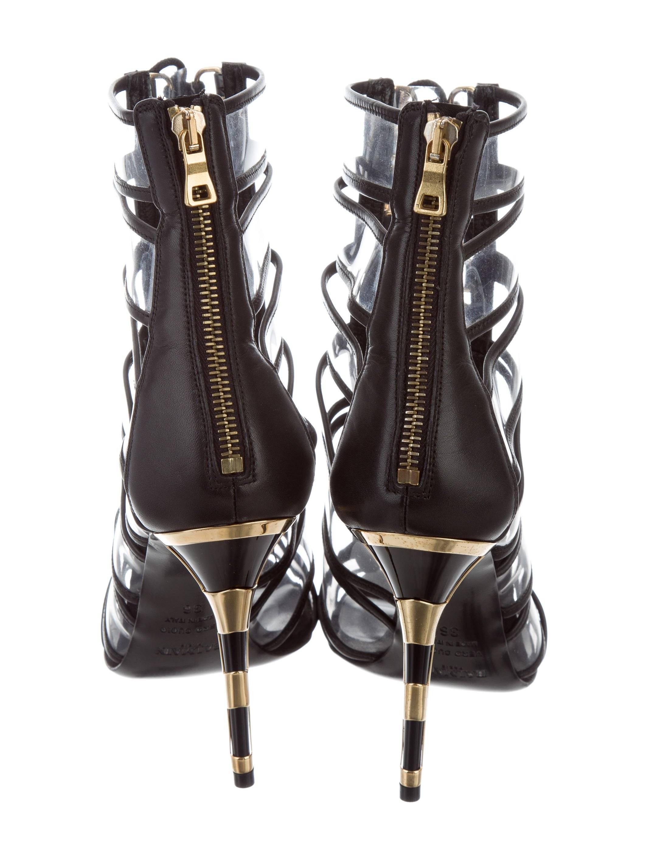 Balmain New Black Leather Clear Gold Lace Up Evening Ankle Boots Booties in Box In New Condition In Chicago, IL