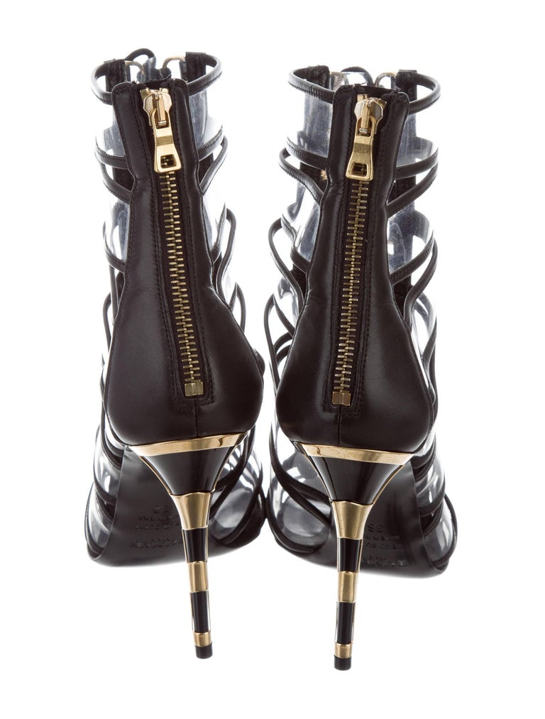 Balmain New Black Leather Clear Gold Lace Up Evening Ankle Boots ...