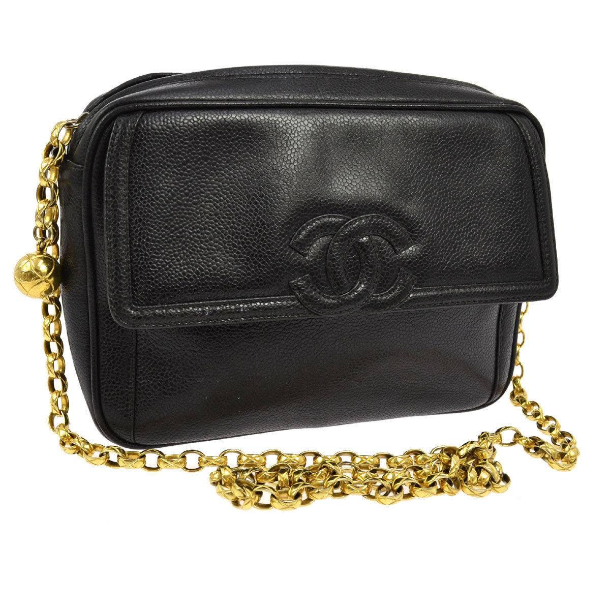 Chanel Black Caviar Leather Gold Chain Link Evening Camera Shoulder Bag
