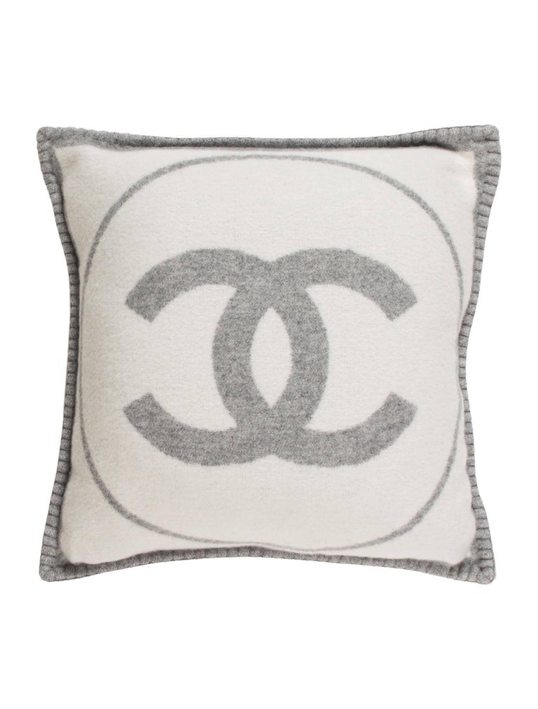 CHANEL Merino Wool Cashmere CC Pillow White Navy Blue 202040