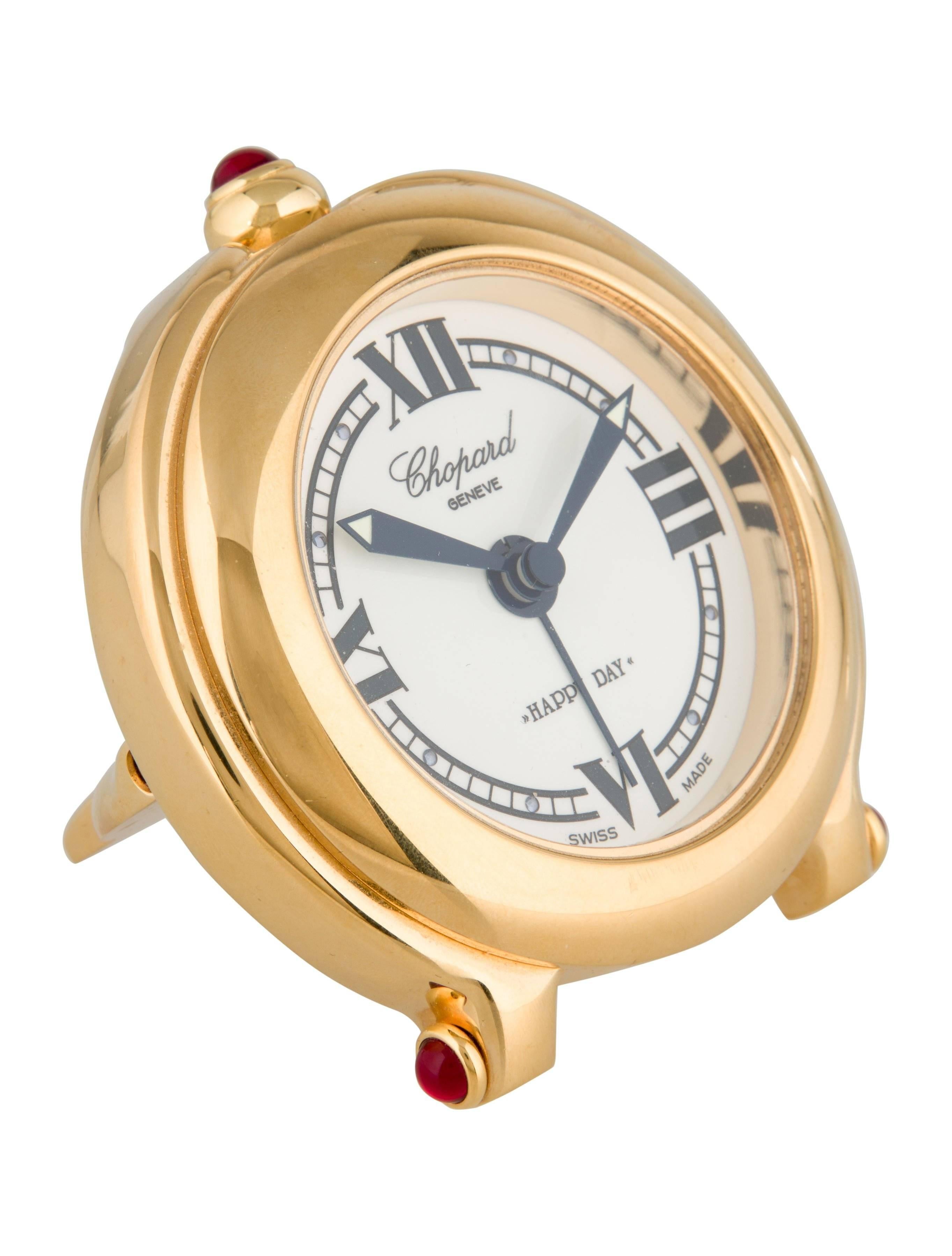 CURATOR'S NOTES

Chopard Gold Tone Men's Decor Travel Table Desk Alarm Clock 

Stainless steel
Gold tone
Quartz movement
Features alarm setting
Swiss made
Measures 3" W x 3.5" H x 1" D 
