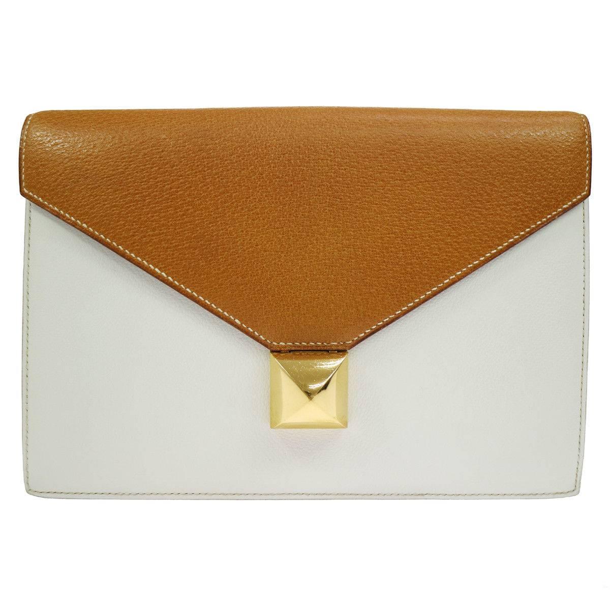 Hermes Cognac Colorblock Leather Envelope Evening Clutch Bag