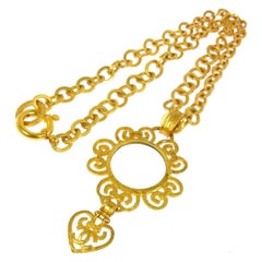 Retro Chanel Gold Mirror Heart Charm Long Drape Chain Evening Necklace With Box