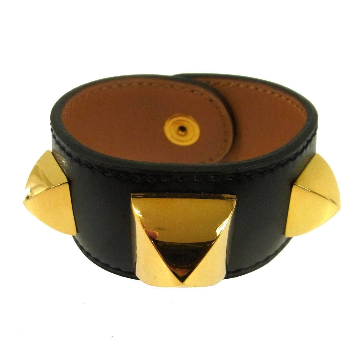 Hermes Black Leather Gold Stud Men's Women's Evening Cuff Bracelet in Box