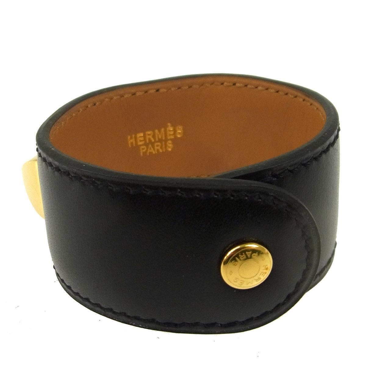 Hermes Black Leather Gold Stud Men's Women's Evening Cuff Bracelet in Box In Excellent Condition In Chicago, IL