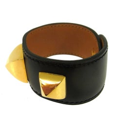 Hermes Black Leather Gold Stud Men's Women's Evening Cuff Bracelet in Box
