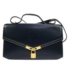 Hermes Blue Leather Gold Cadena Top Handle Shoulder Flap Bag