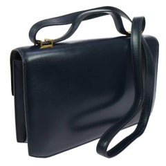 Hermes Blue Leather Gold Cadena Top Handle Shoulder Flap Bag