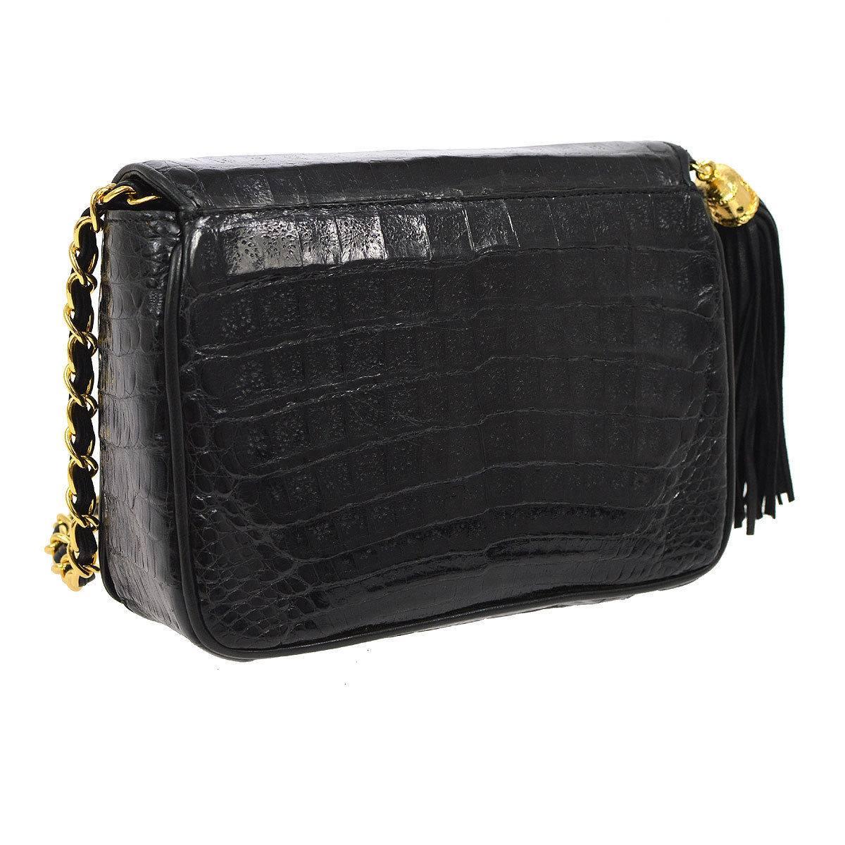 Chanel Black Crocodile Party Evening Camera Shoulder Flap Bag In Excellent Condition In Chicago, IL