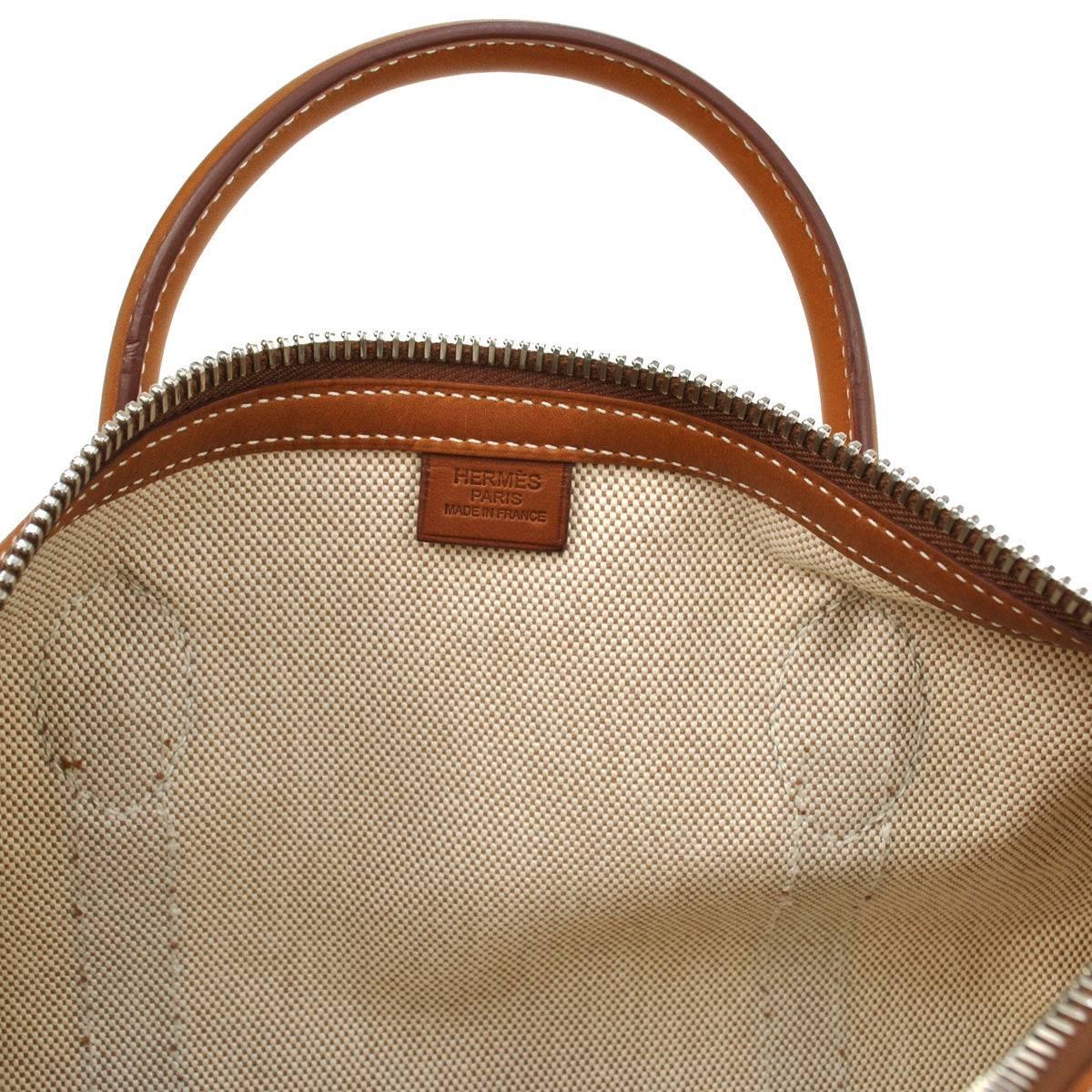 Hermes Canvas Cognac Leather Top Handle Satchel Carryall Bag 1