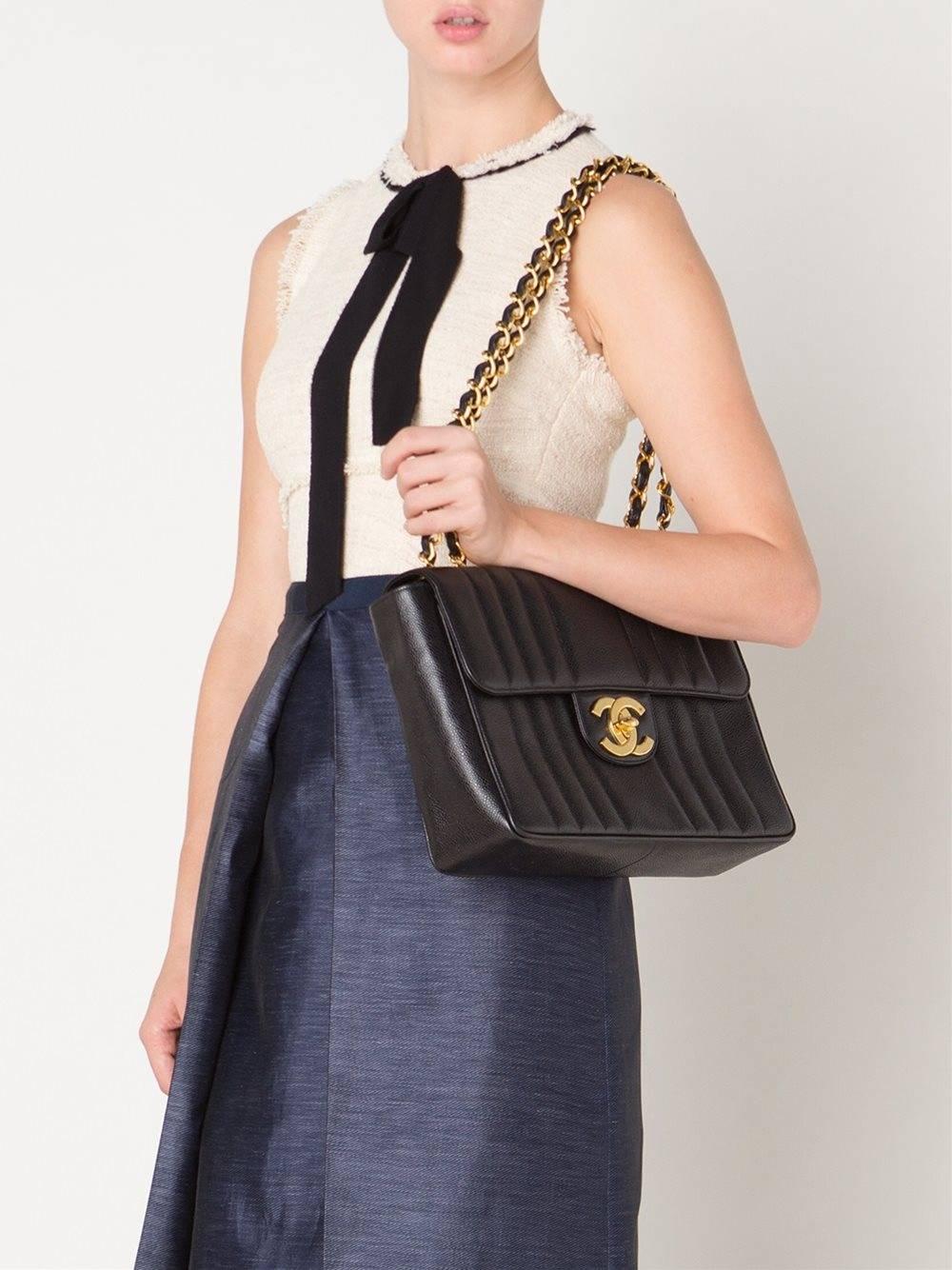 Women's Chanel Black Lambskin GHW Jumbo Stripe Shoulder Flap Bag