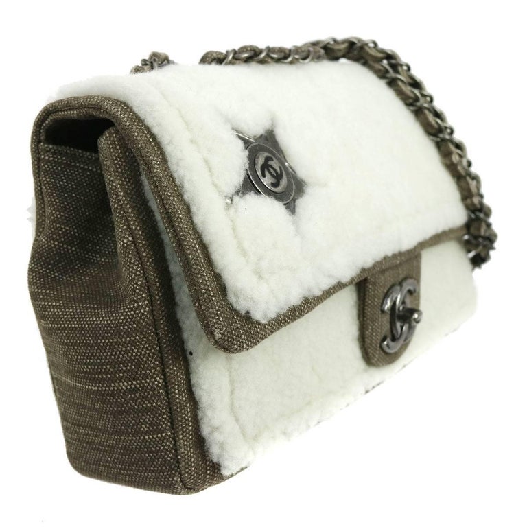 Chanel New Brown Denim Shearling Charm Shoulder Flap Bag For Sale at