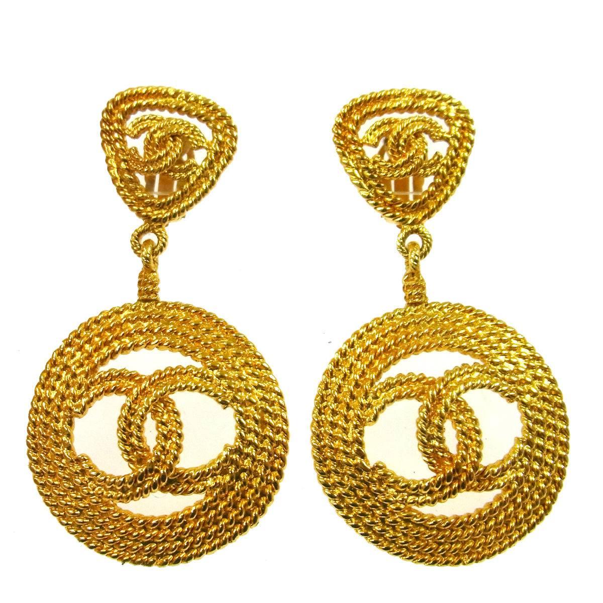 Chanel Textured Gold Double Charm Drop Hoop Evening Earrings