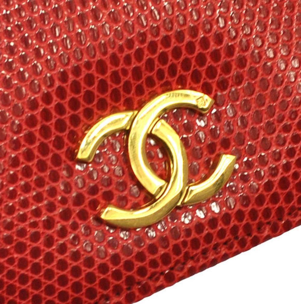 Chanel Red Lizard Gold WOC Clutch Evening Flap Shoulder Bag In Excellent Condition In Chicago, IL